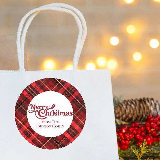 Traditionelles Kariertes Tartan Frohe Weihnachten  Runder Aufkleber (Von Creator hochgeladen)