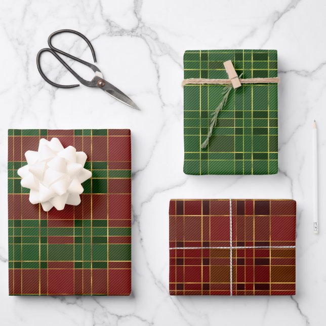 Traditionelles Kariertes Weihnachtsgeschenk Geschenkpapier Set (Vorderseite)