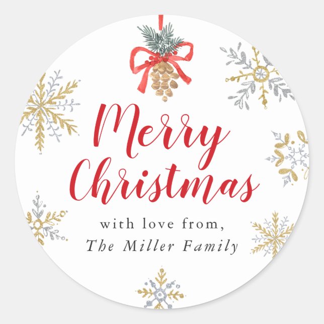 Traditionelles Merry Christmas Snowflake Gifting Runder Aufkleber (Vorderseite)