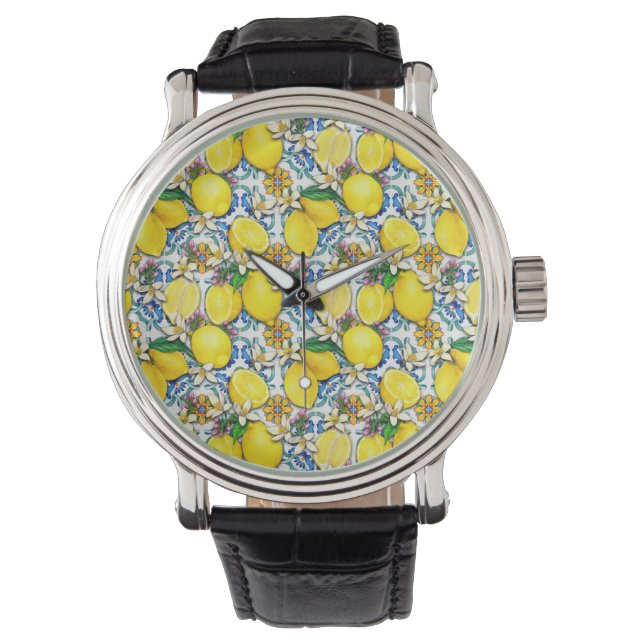 Traditionelles Mittelmeer-Muster mit Zitronen Armbanduhr (Vorderseite)
