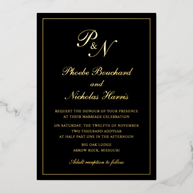 Traditionelles Monogramm formales Black Wedding Go Folieneinladung (Vorderseite)