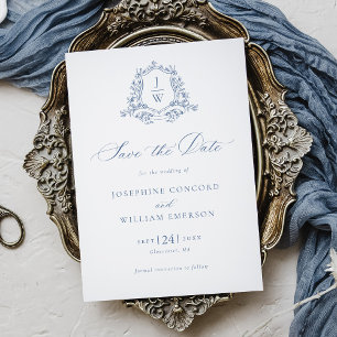 Traditionelles Monogrammwappen Floral Blau Hochzei Save The Date