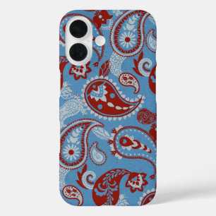 Traditionelles Paisley Linocut Red White Blue iPhone 16 Hülle