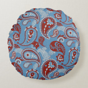 Traditionelles Paisley Linocut Red White Blue Rundes Kissen