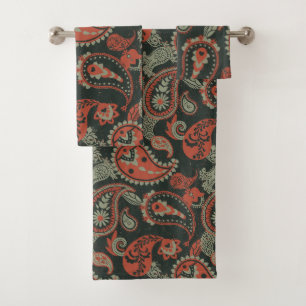 Traditionelles Paisley Linocut Warm Orange Mint Gr Badhandtuch Set