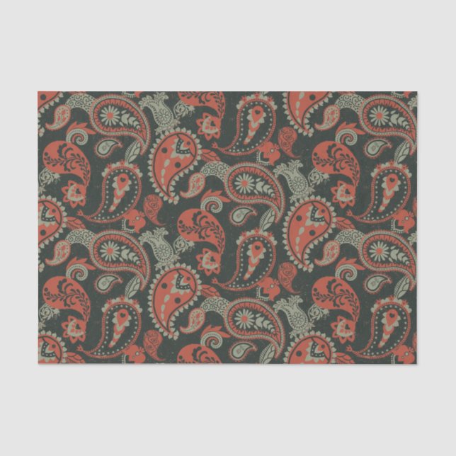 Traditionelles Paisley Linocut Warm Orange Mint Gr Seidenpapier (Vorderseite)