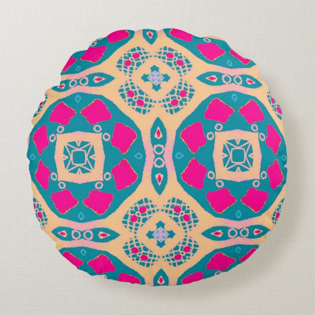Traditionelles, peruanisches Patchwork, Fliesenmus Rundes Kissen (Vorderseite)