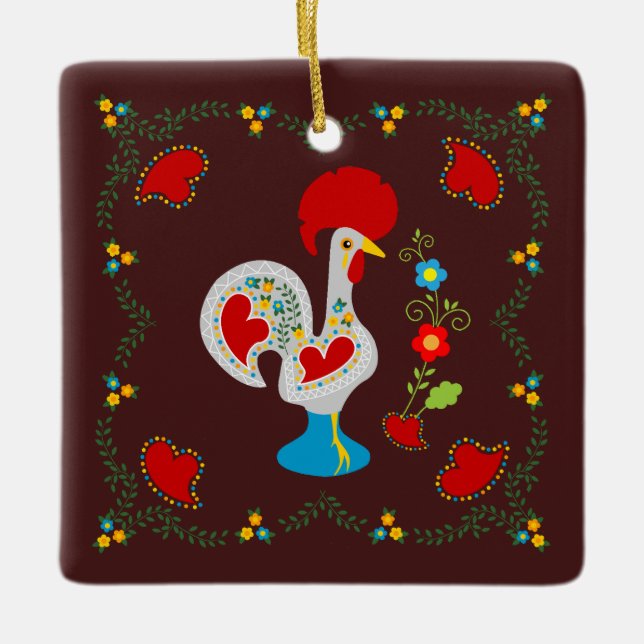 Traditionelles Raster von Barcelos Happy Birthday Keramikornament (Vorderseite)
