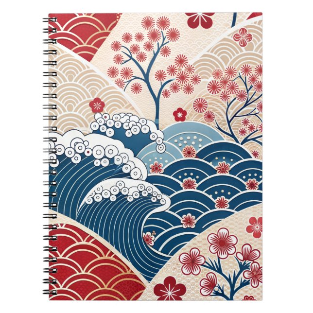 Traditionelles Rot-Blau-Japanisches Wellen-Sakura- Notizblock (Vorderseite)