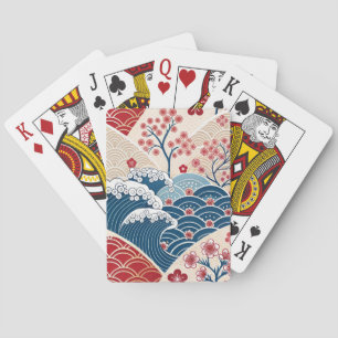 Traditionelles Rot-Blau-Japanisches Wellen-Sakura- Spielkarten