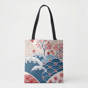 Traditionelles Rot-Blau-Japanisches Wellen-Sakura- Tasche