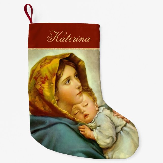 Traditionelles Rot & Gold Madonna und Kind Religiö Kleiner Weihnachtsstrumpf (Vorderseite)