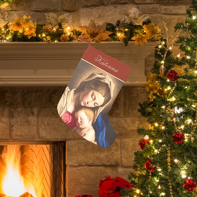 Traditionelles Rot & Gold Madonna und Kind Religiö Kleiner Weihnachtsstrumpf (Religious Christmas stocking with Madonna and Child for Catholics and Christians in red and gold)