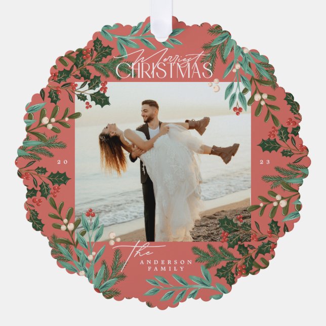 Traditionelles rotes botanisches Weihnachtsfest-Fo Ornament Karte (Vorderseite)
