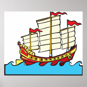 Traditionelles rotes chinesisches Dschunke-Schiff  Poster