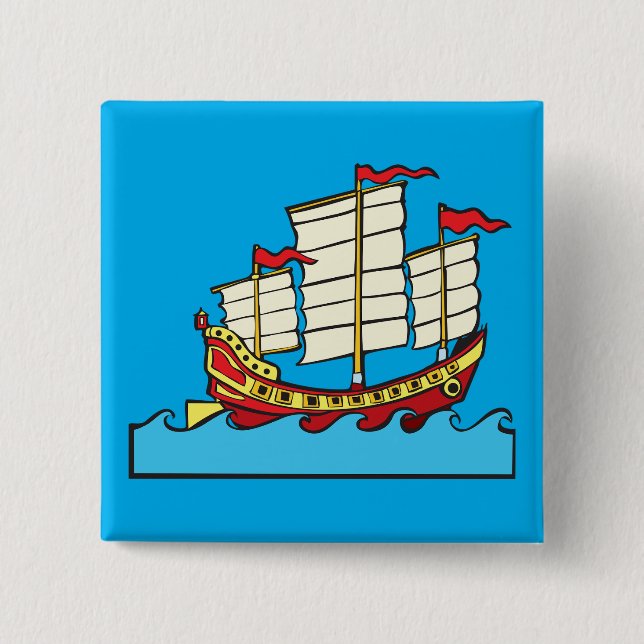 Traditionelles rotes chinesisches Dschunken-Schiff Button (Vorderseite)