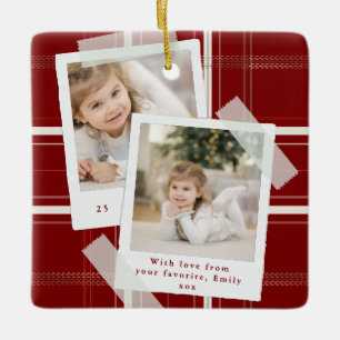 Traditionelles rotes Karo 2 Fotos Weihnachtsgesche Keramikornament