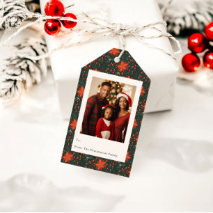 Traditionelles rotes Poinsettien-Familienfoto Weih Geschenkanhänger