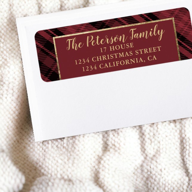 Traditionelles Rustikales Rot und Gold Karierte We (Traditional Rustic Red and Gold Plaid Christmas Label)