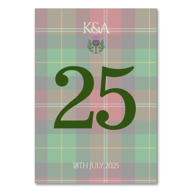 Traditionelles schottisches Tartan und Schottland  Tischnummer (Vorderseite)