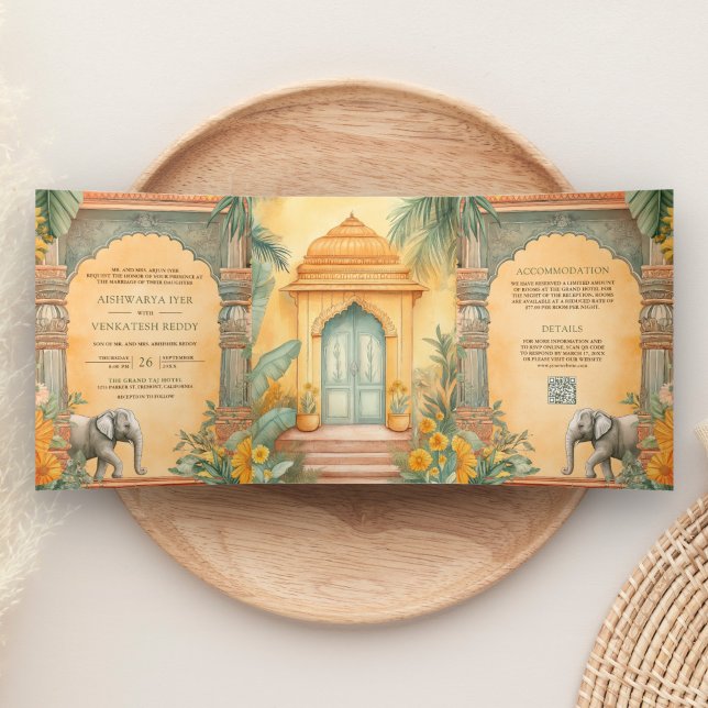 Traditionelles südindisches Foto QR Code Hochzeit Dreifach Gefaltete Einladung (Von Creator hochgeladen)
