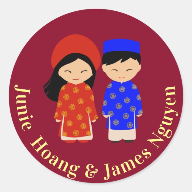 Traditionelles vietnamesisches Ao Dai Wedding Coup Runder Aufkleber (Vorderseite)
