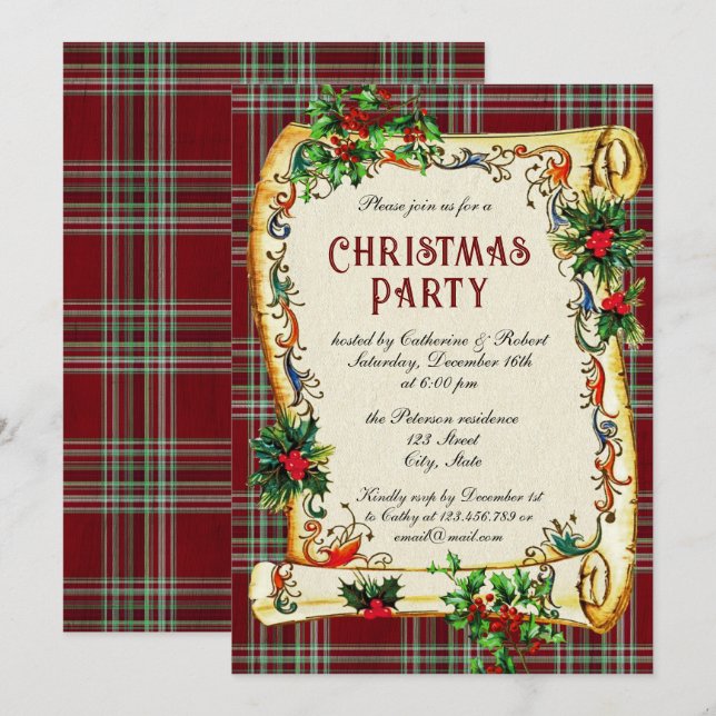 Traditionelles Vintage Weihnachten Party Scroll Ka Einladung (Vorne/Hinten)