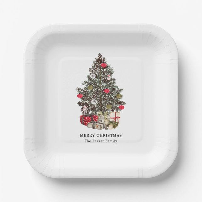 Traditionelles Weihnachtsbaum-individuelle Name Pappteller (Vorderseite)