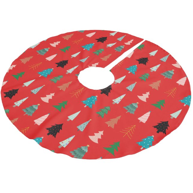 Traditionelles Weihnachtsmuster l Rot l Grüne Bäum Polyester Weihnachtsbaumdecke (Schrägansicht)