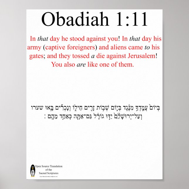 Traduction Open Source Obadiah 1:11 Affiche (Devant)