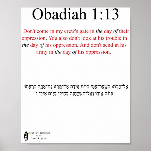 Traduction Open Source Obadiah 1:13 Affiche (Devant)