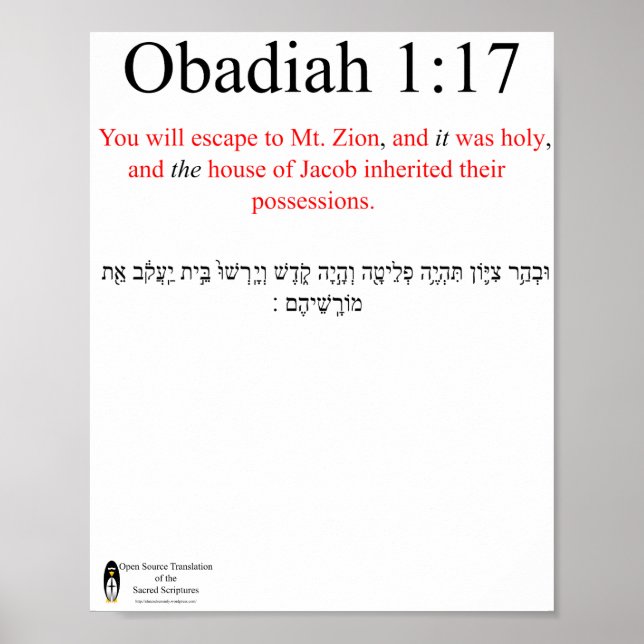 Traduction Open Source Obadiah 1:17 Affiche (Devant)