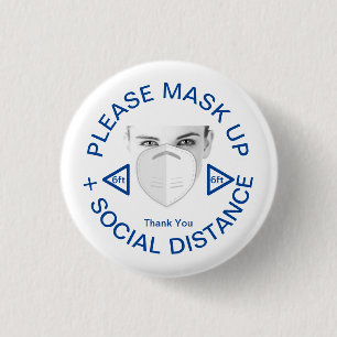 Tragen Sie bitte eine Maske und ein Button mit soz