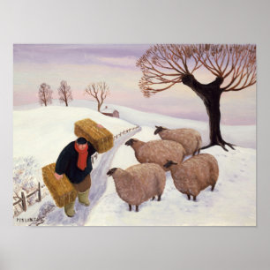 Tragendes Heu zu den Schafen im Winter Poster