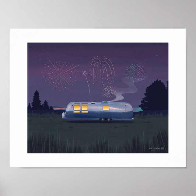 Trailer Silver RV & Night Sky Art Print Poster (Vorne)