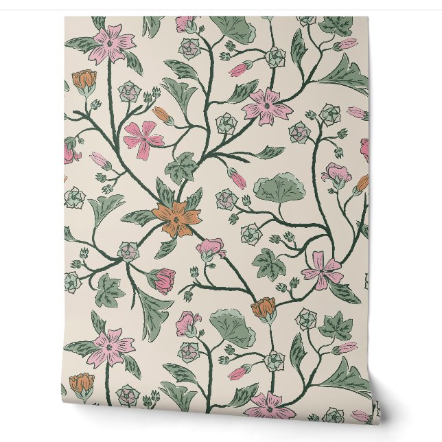 Trailing Floral - Mallow - Malva - Sage Green und Tapete (Abrollen)