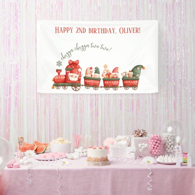 Train 2nd Birthday Watercolor Santa Party Express Banner (Party)