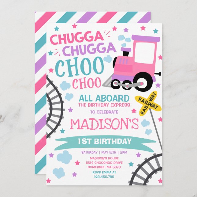 Train Anniversaire Invitation Chugga Chugga Choo C (Devant / Derrière)