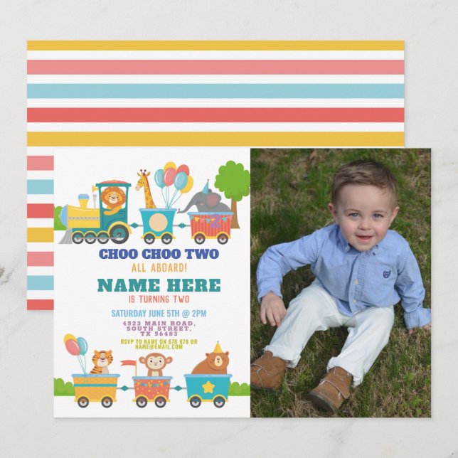 Train Birthday Party Choo Two Animal Foto Einladung (Vorne/Hinten)