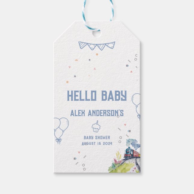 Train Blue Balloons Boy Whimsical Baby Shower Geschenkanhänger (Vorderseite)