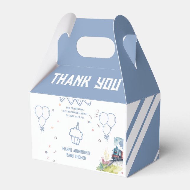 Train Blue Balloons Boy Whimsical Baby Shower Geschenkschachtel (Vorderseite)