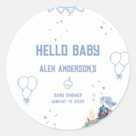 Train Blue Balloons Boy Whimsical Baby Shower Runder Aufkleber