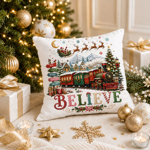 Train de Noël Rouge Vert Citation Coussin Décorati