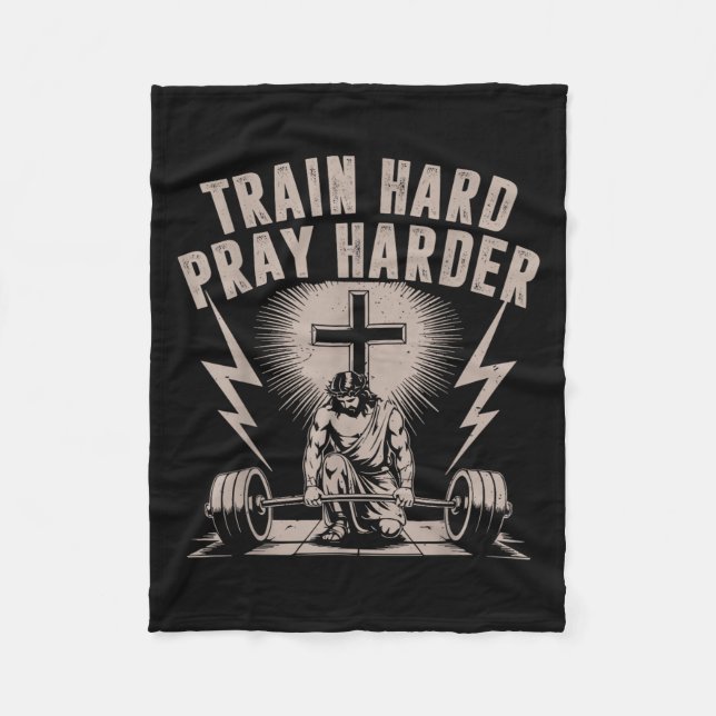 Train Hard Pray Harder Funny Christlich Workout Gy Fleecedecke (Vorderseite)