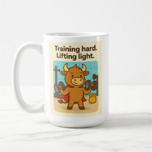 Training Hard. Licht heben. Bullio Cartoon Desig Kaffeetasse