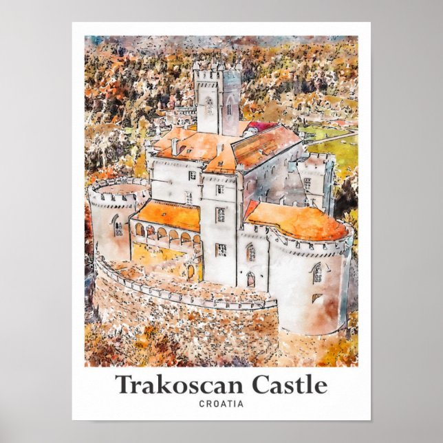 Trakoscan Burg Kroatien Reisen Wasserfarbe Poster (Vorne)