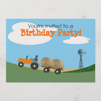 Traktor auf der Bauernhof-Party Einladung: Orange Einladung