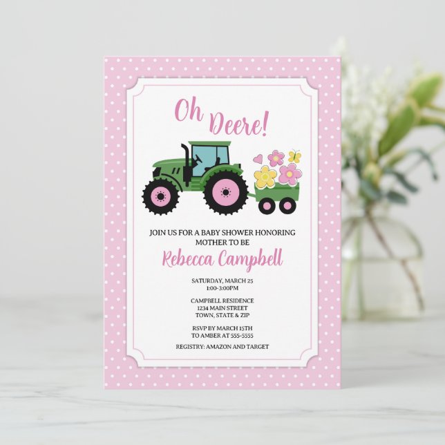 Traktor Baby Dusche Einladung, Traktor Girl Einladung (Stehend Vorderseite)