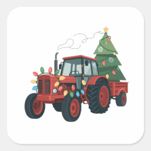Traktor mit Anhänger Santa Farm Bauer Weihnachten Quadratischer Aufkleber