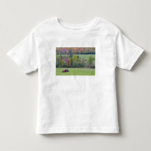 Traktor mit Heuballen auf grünem Feld mit Kleinkind T-shirt